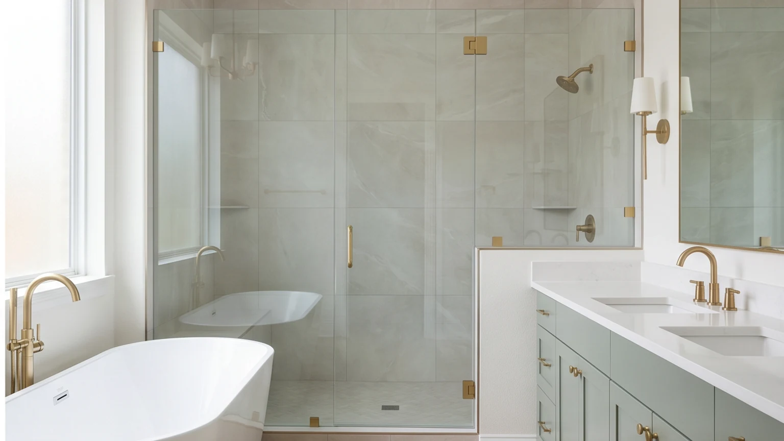 Spa-quality master bathroom with walk-in curbless shower, warm stone tile, and clean modern fixtures in a DFW home