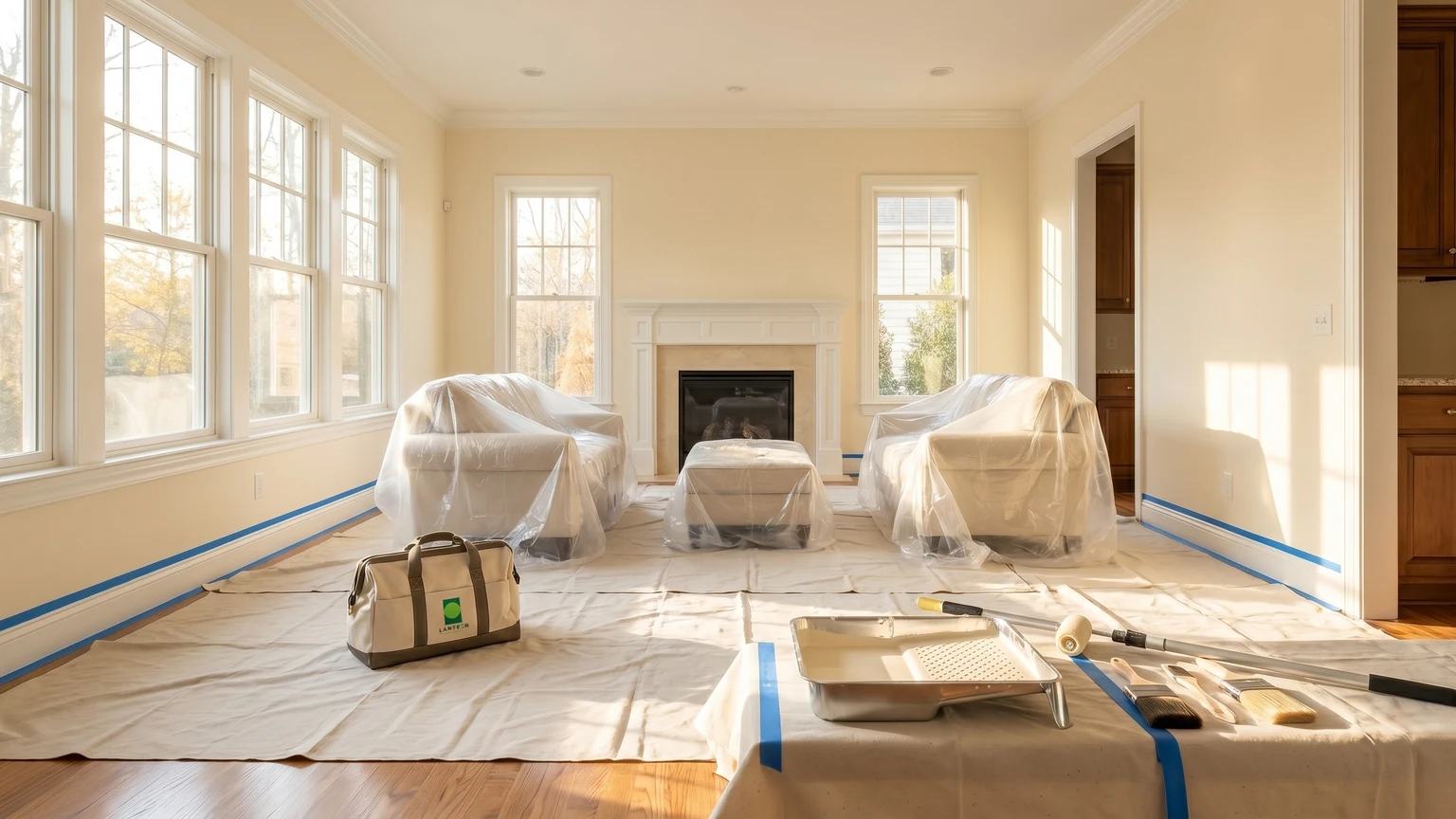 Freshly painted bright interior living room with clean white walls, crisp trim, and warm afternoon light in a DFW home