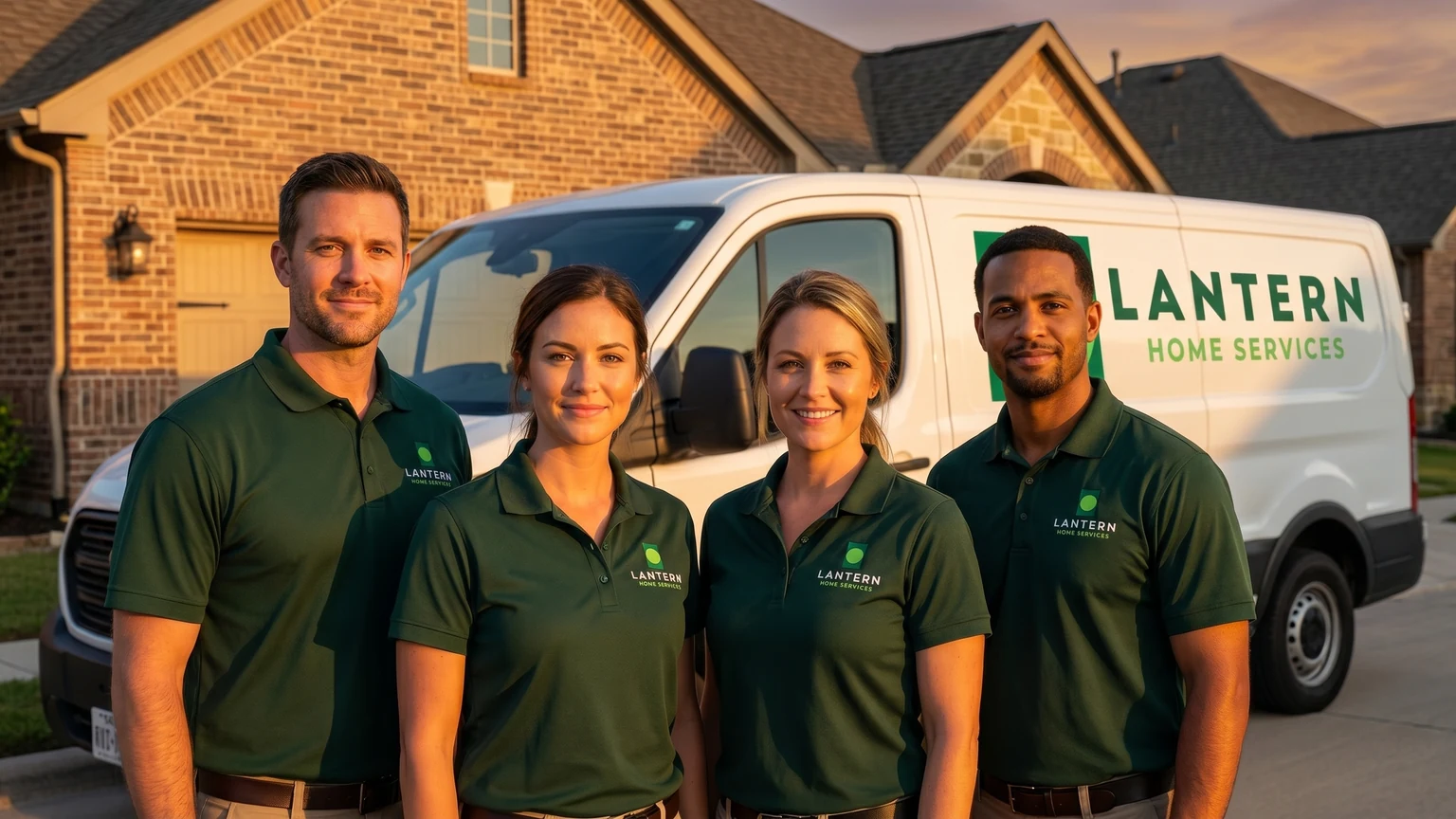 Lantern Home Services crew in front of a branded work truck at golden hour in a Dallas-Fort Worth suburban driveway