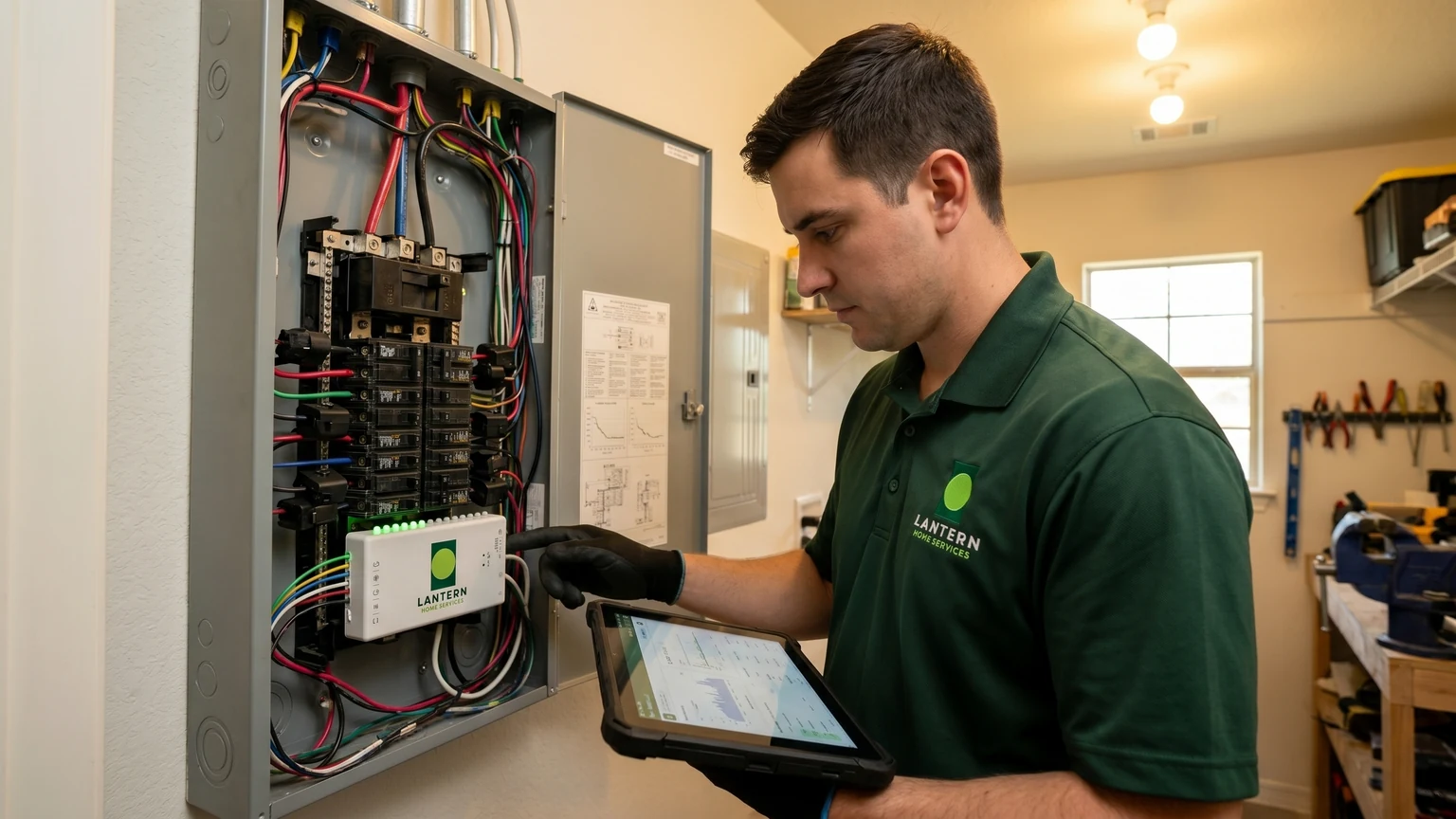 Lantern technician checking a Guardians sensor at an electrical panel with a tablet